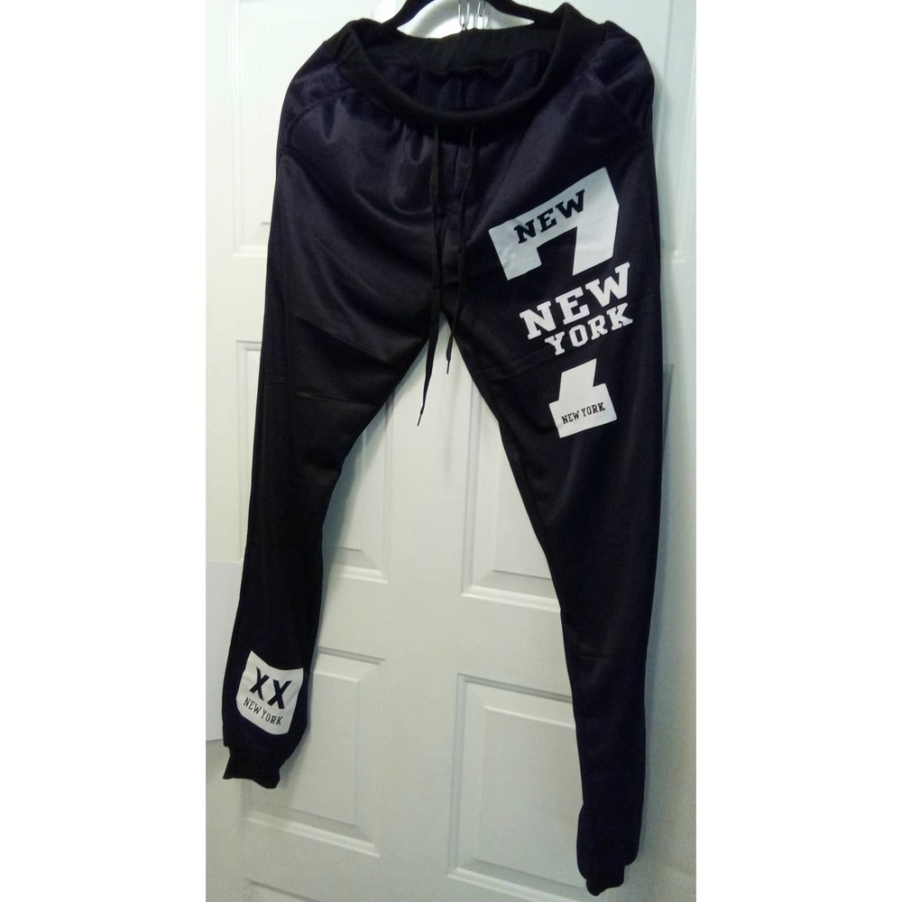 7 New York Letter Print Skinny Joggers Black Men XS/Women Small